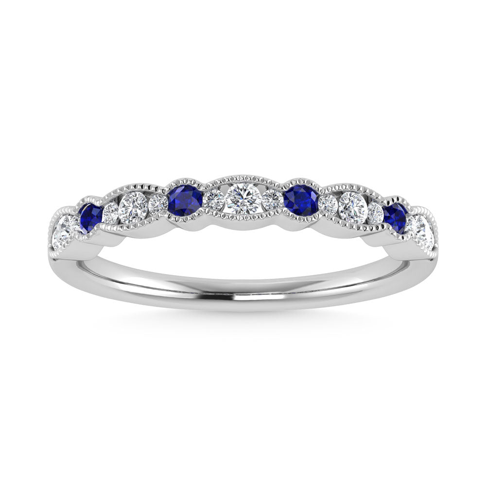 14K White Gold  1/4 Ct.Tw. Diamond and Blue Sapphire  Stackable Band