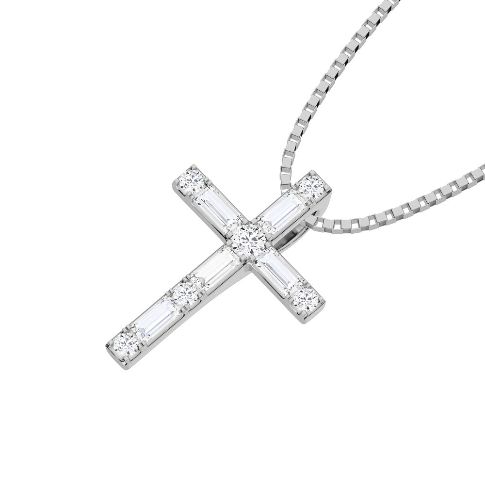 10K White Gold Lab Grown Diamond 1/4 Ct.Tw. Round and Baguette Cross Pendant