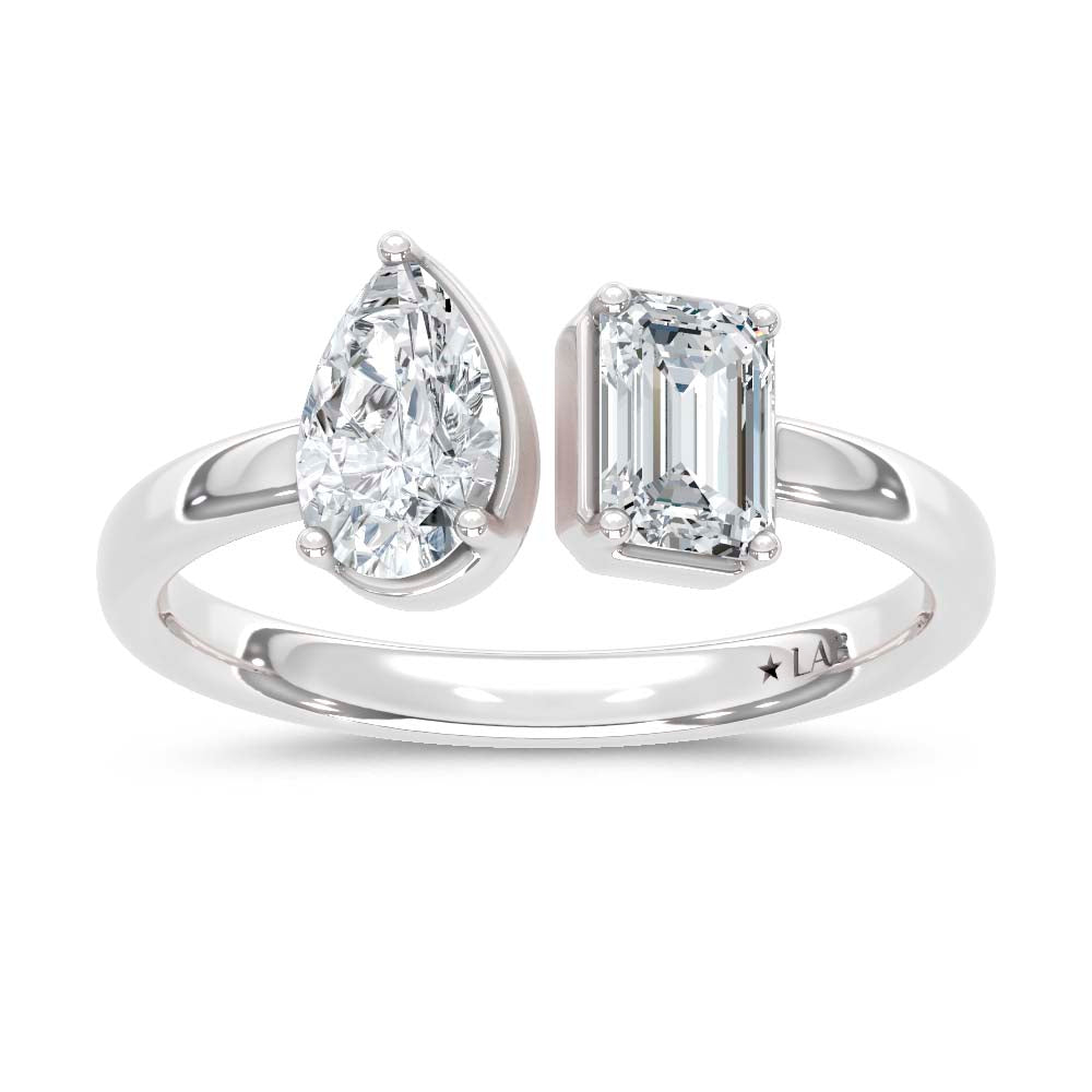 14K White Gold Lab Grown Diamond 1 Ct.Tw. Emerald and Pear Shape Two Stone Ring