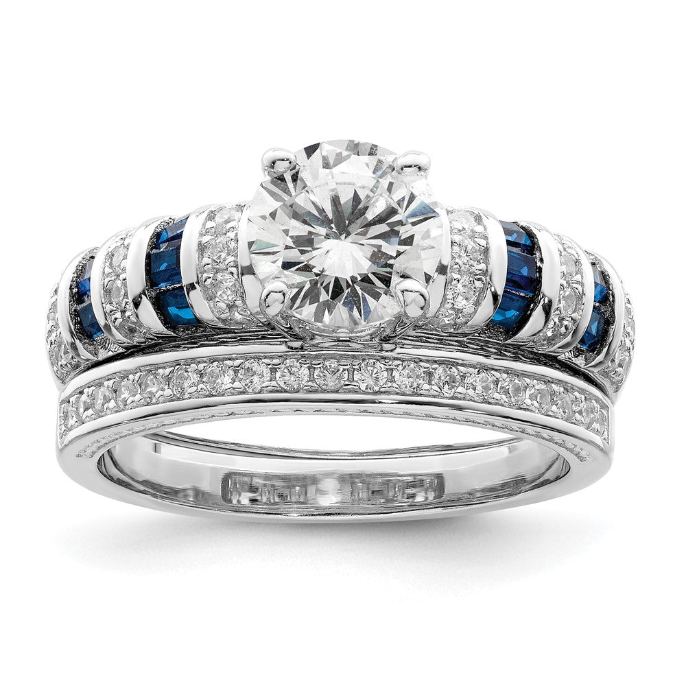 Sterling Silver Rhodium-plated Polished Blue & White CZ Engagement & Band R