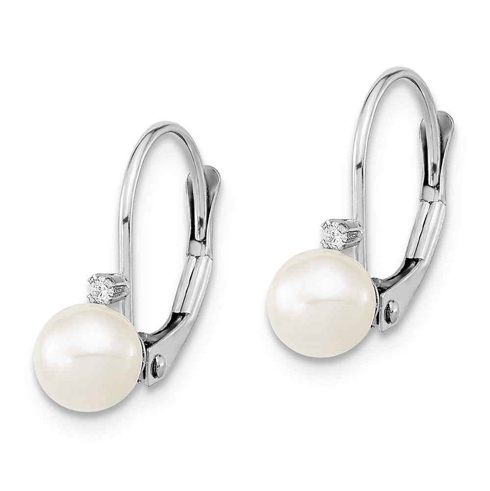 14K White Gold 5-6mm Round White FWC Pearl .02ct. Dia. Leverback Earrings