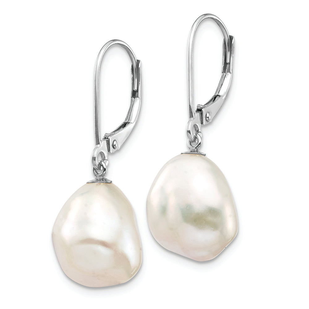 14K White Gold 10x13mm Keshi White FWC Pearl Dangle Earrings