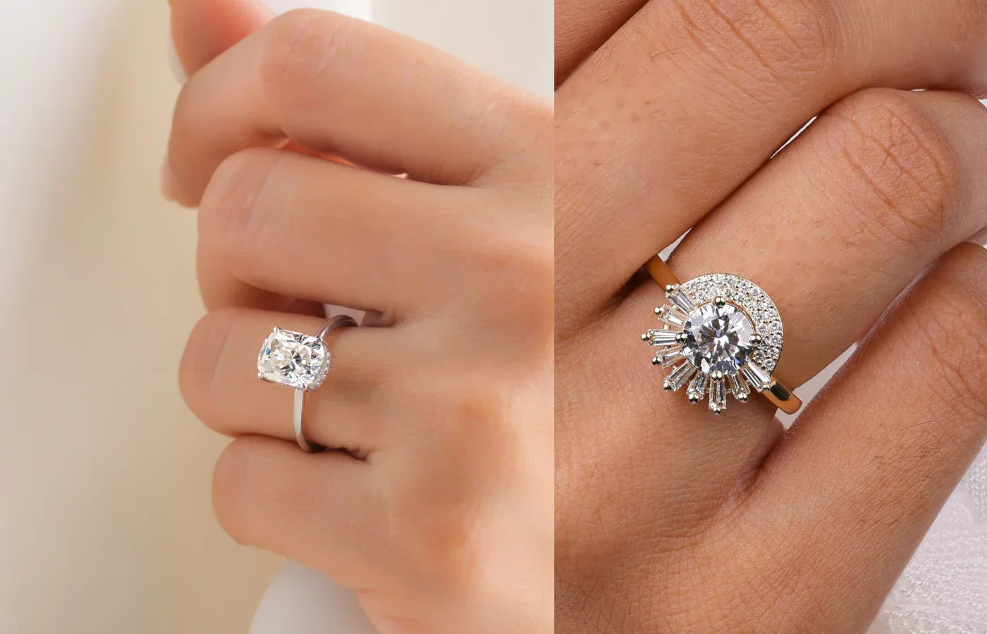Two hands wearing elegant diamond rings with gold and silver settings, close-up jewelry