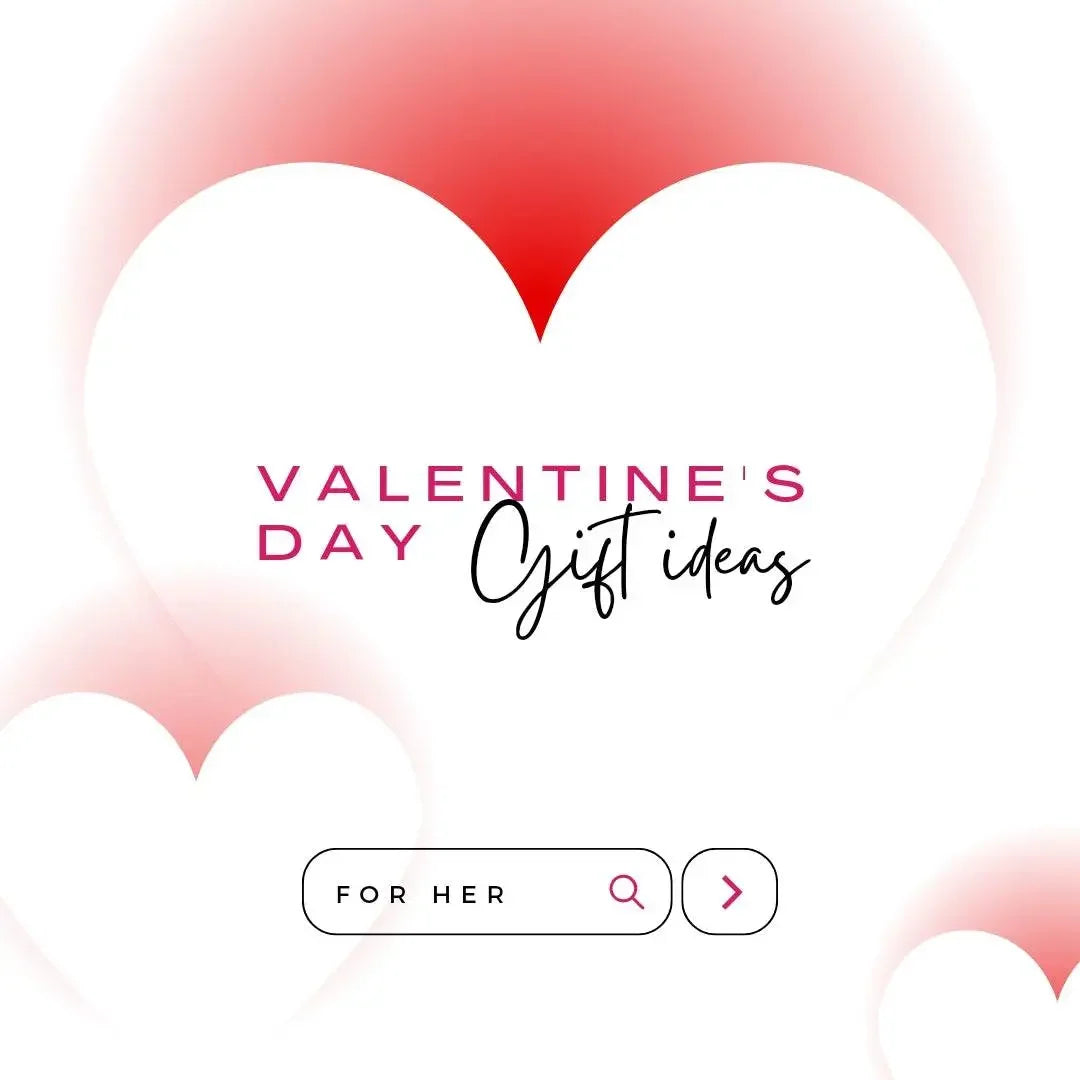 Valentine's Day gift ideas graphic with large pink and white hearts and 'For Her' button.