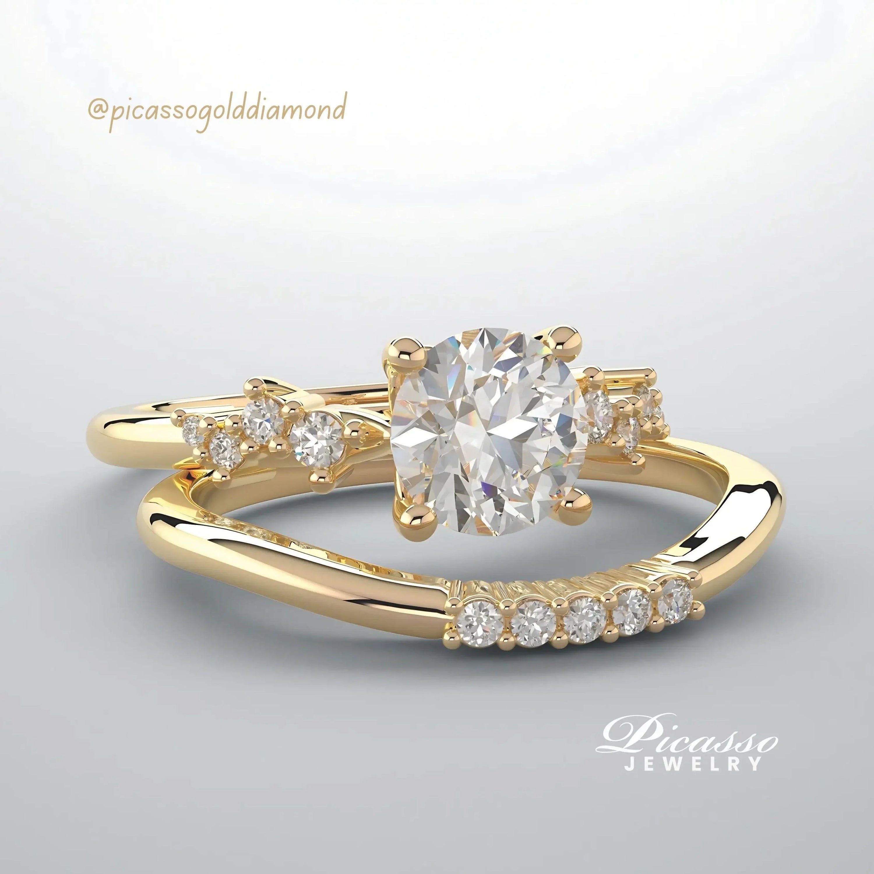 Gold diamond engagement ring set with round center stone and pavé accents on light background
