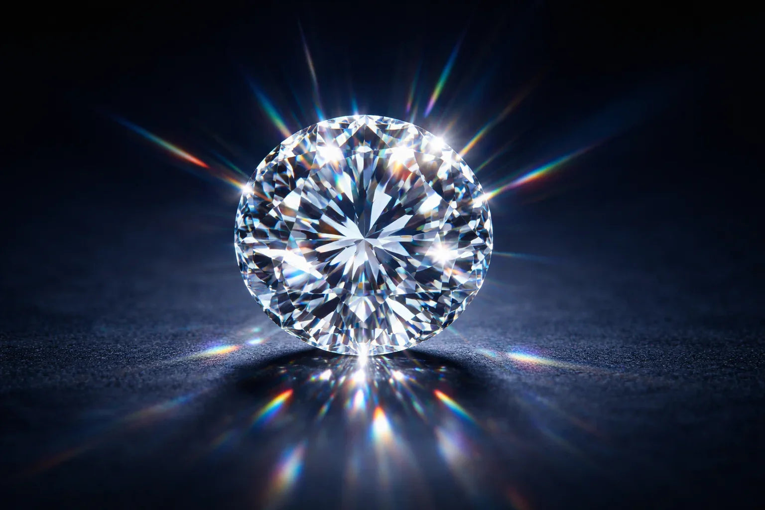 Brilliant round cut diamond gemstone sparkling on a dark textured surface