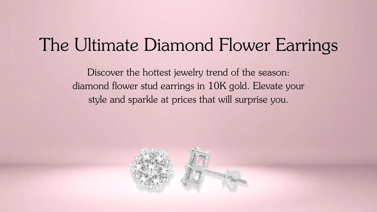Diamond flower stud earrings in 10K gold displayed on a soft pink background
