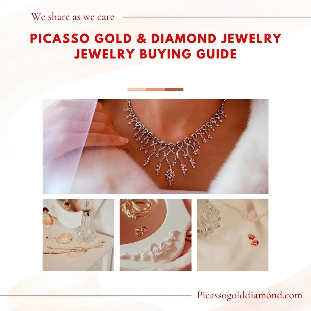Elegant diamond necklace and assorted gold jewelry pieces on display, jewelry buying guide cover.