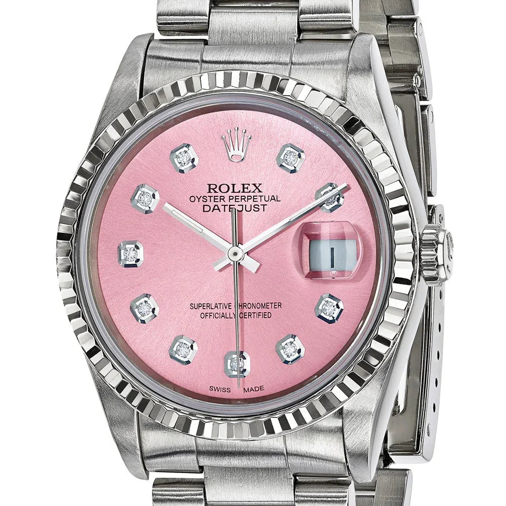 Luxury silver watch with pink dial and diamond hour markers
