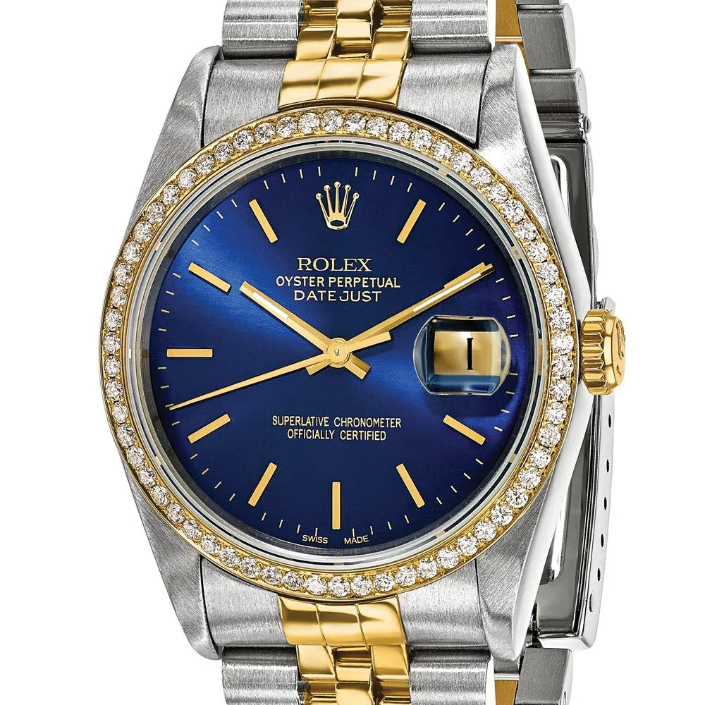 Two-tone gold and silver luxury watch with blue dial and diamond bezel