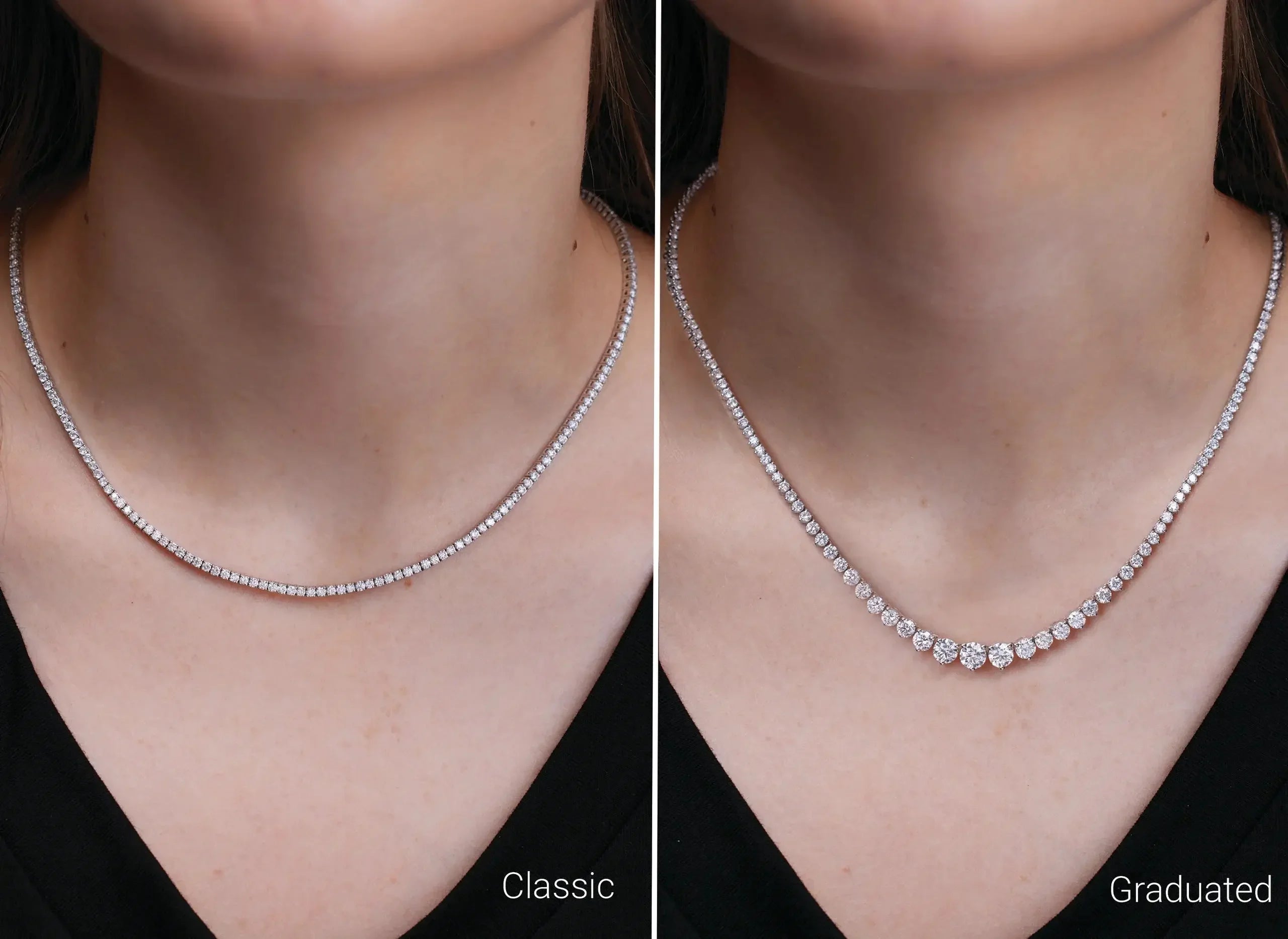 Close-up comparison of classic vs graduated diamond tennis necklaces on a woman's neck