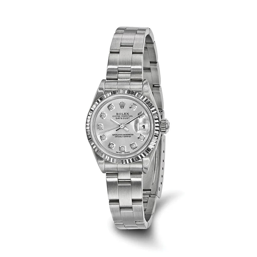 Luxury silver wristwatch with diamond hour markers on a white background