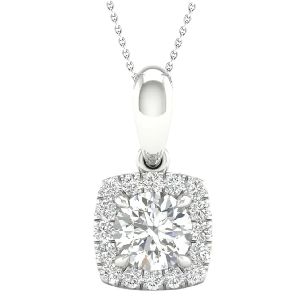 Gold necklace with cushion halo diamond pendant, fine jewelry, close-up on white background