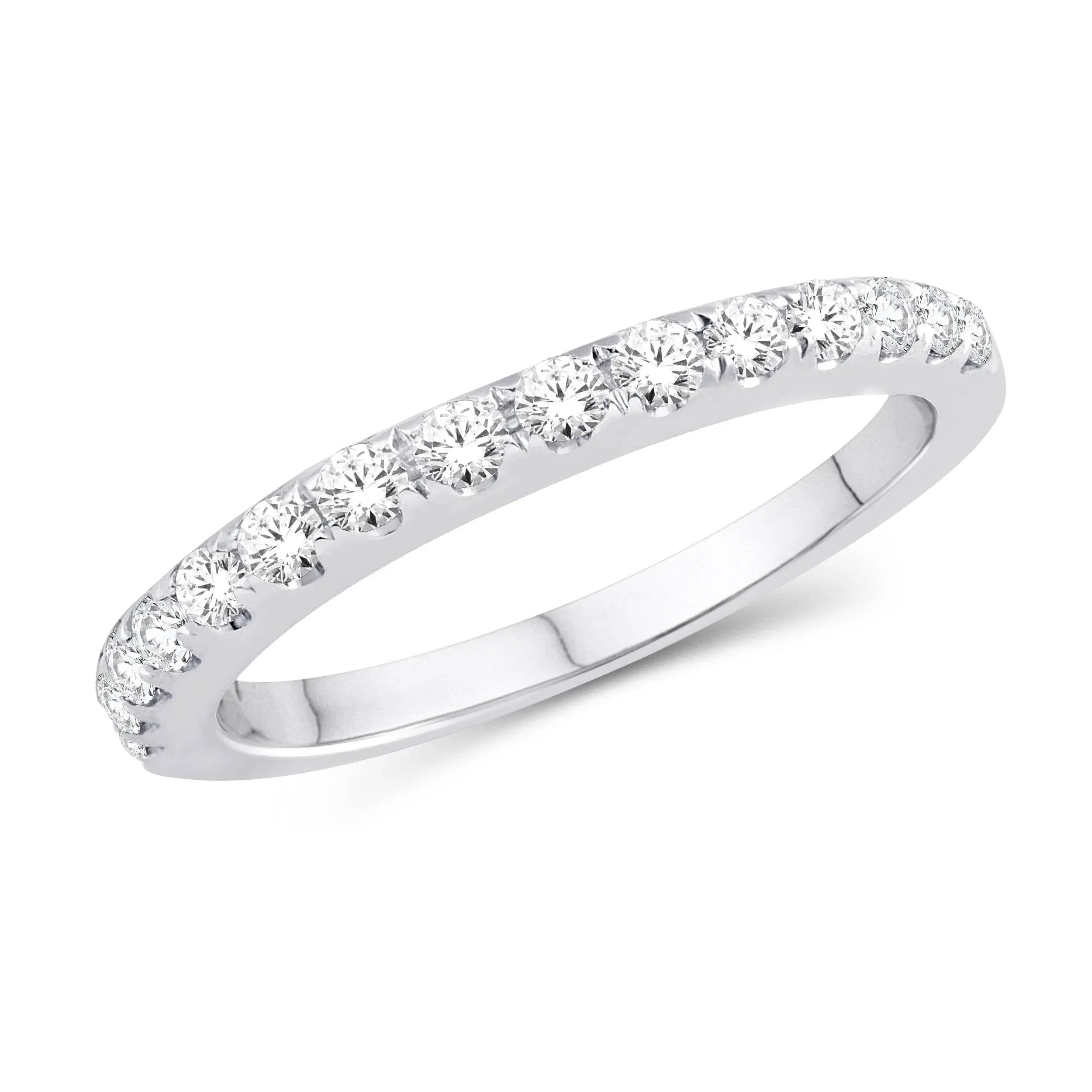 White gold band ring with round brilliant cut diamonds in a row, elegant jewelry
