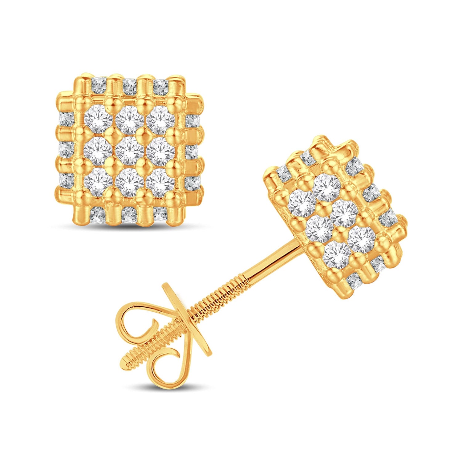 10 Karat All Yellow Gold 1.00 Carat Diamond 3D Cube Square Earrings - Picasso Gold & Diamond Jewelry