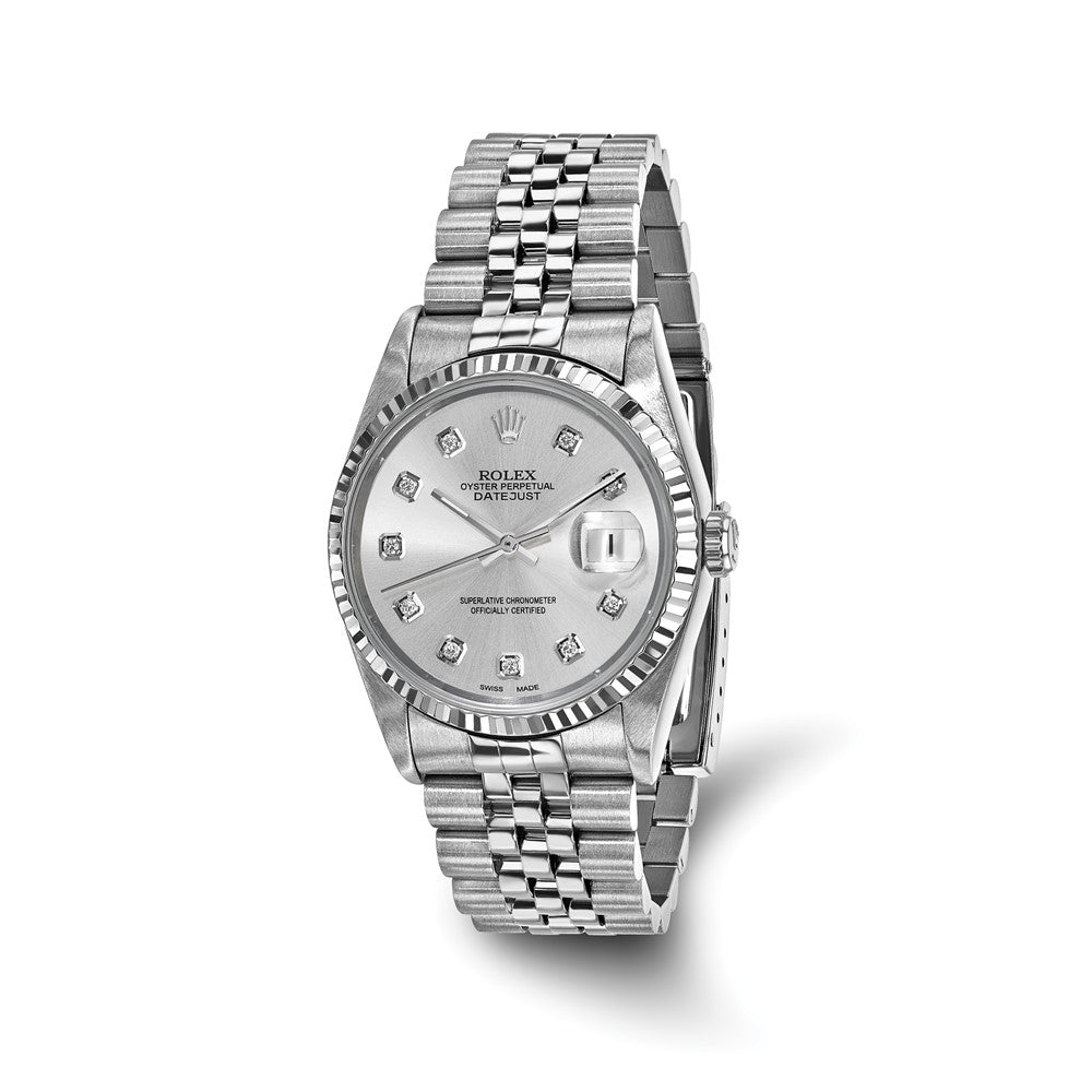 Pre-owned Rolex Independently Certified Men's Stainless Steel Date just Jubilee with Silver Diamond Dial and 18K Fluted Bezel