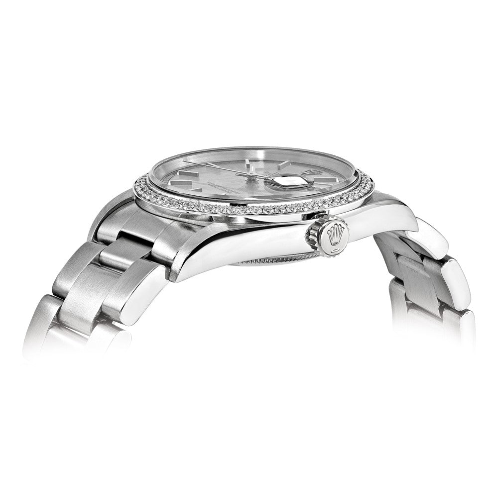 Certified pre-owned Rolex Datejust 36mm silver dial watch, dial close-up view.
