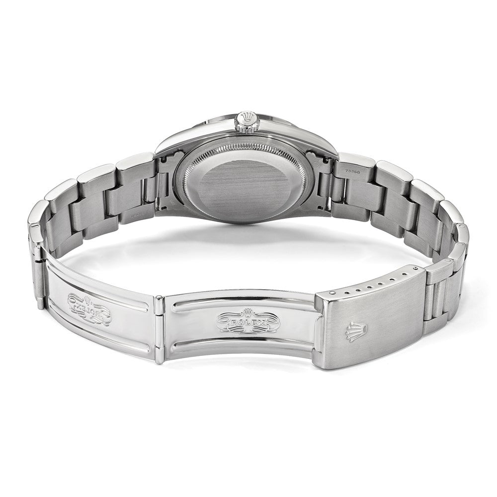 Certified pre-owned Rolex Datejust 36mm silver dial watch, case profile view.