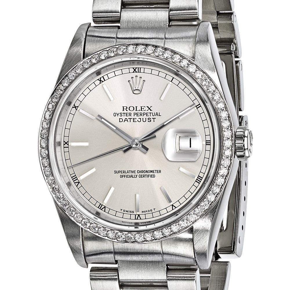 Certified pre-owned Rolex Datejust 36mm silver dial watch, clasp detail view.