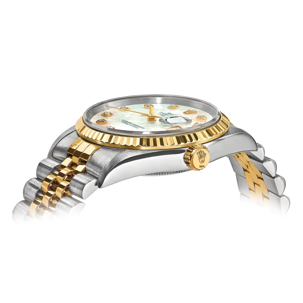 Pre-owned Rolex Independently Certified Men's Two-tone Date just Jubilee with Mother of Pearl Diamond Dial and 18K Fluted Bezel