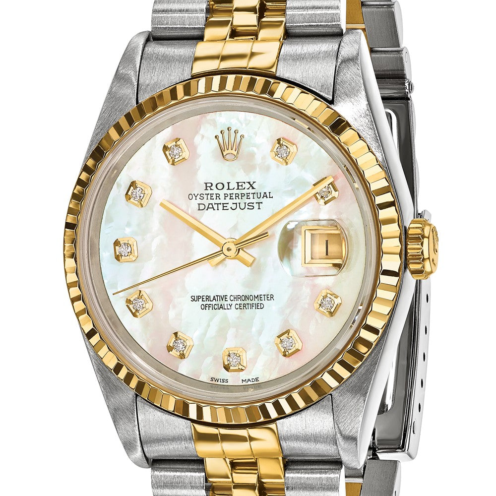 Two-tone gold and silver Rolex watch with a diamond-studded face on a white background