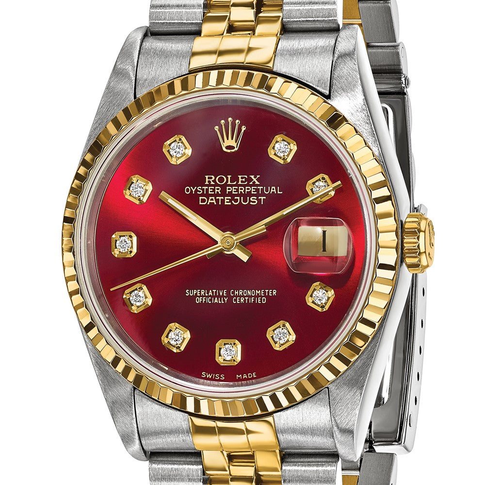 Certified pre-owned Rolex Datejust 36mm red dial watch, clasp detail view.