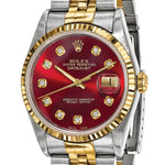 Certified pre-owned Rolex Datejust 36mm red dial watch, caseback view.