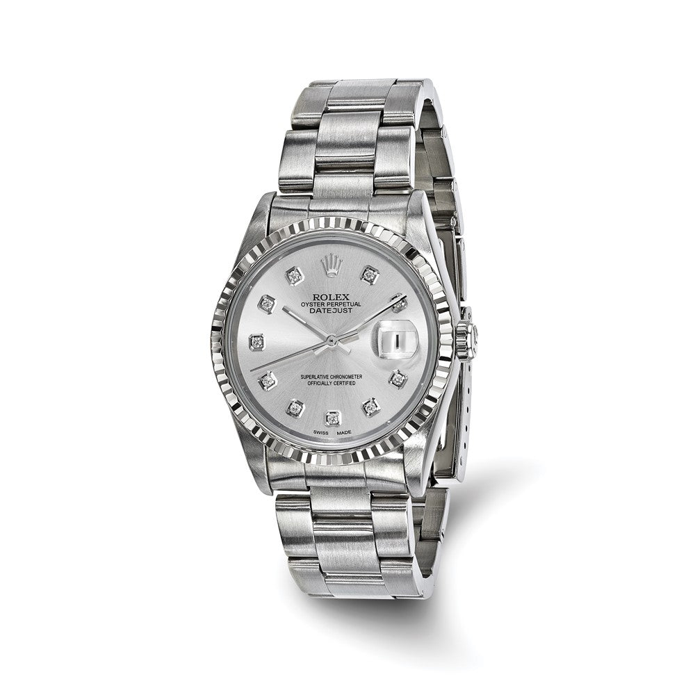 Pre-owned Rolex Independently Certified Men's Stainless Steel Oyster Date just with Silver Diamond Dial and 18K Fluted Bezel