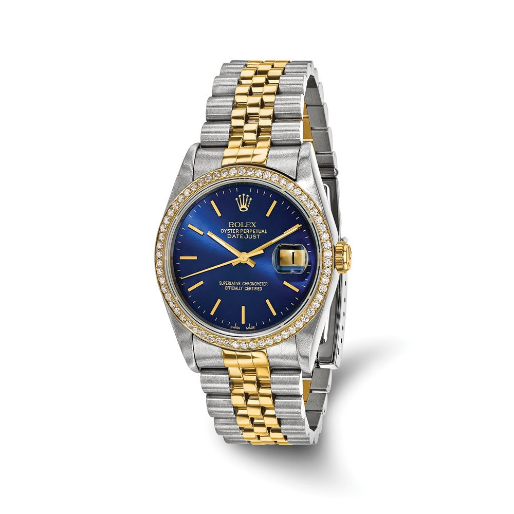 Pre-owned SWISS CROWN USA Rolex-Independently Certified Steel/18k 36mm Blue Dial Date Just Watch