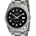 Pre-owned Rolex Independently Certified Men's Stainless Steel Oyster Date just with Black Diamond Dial and Diamond Bezel