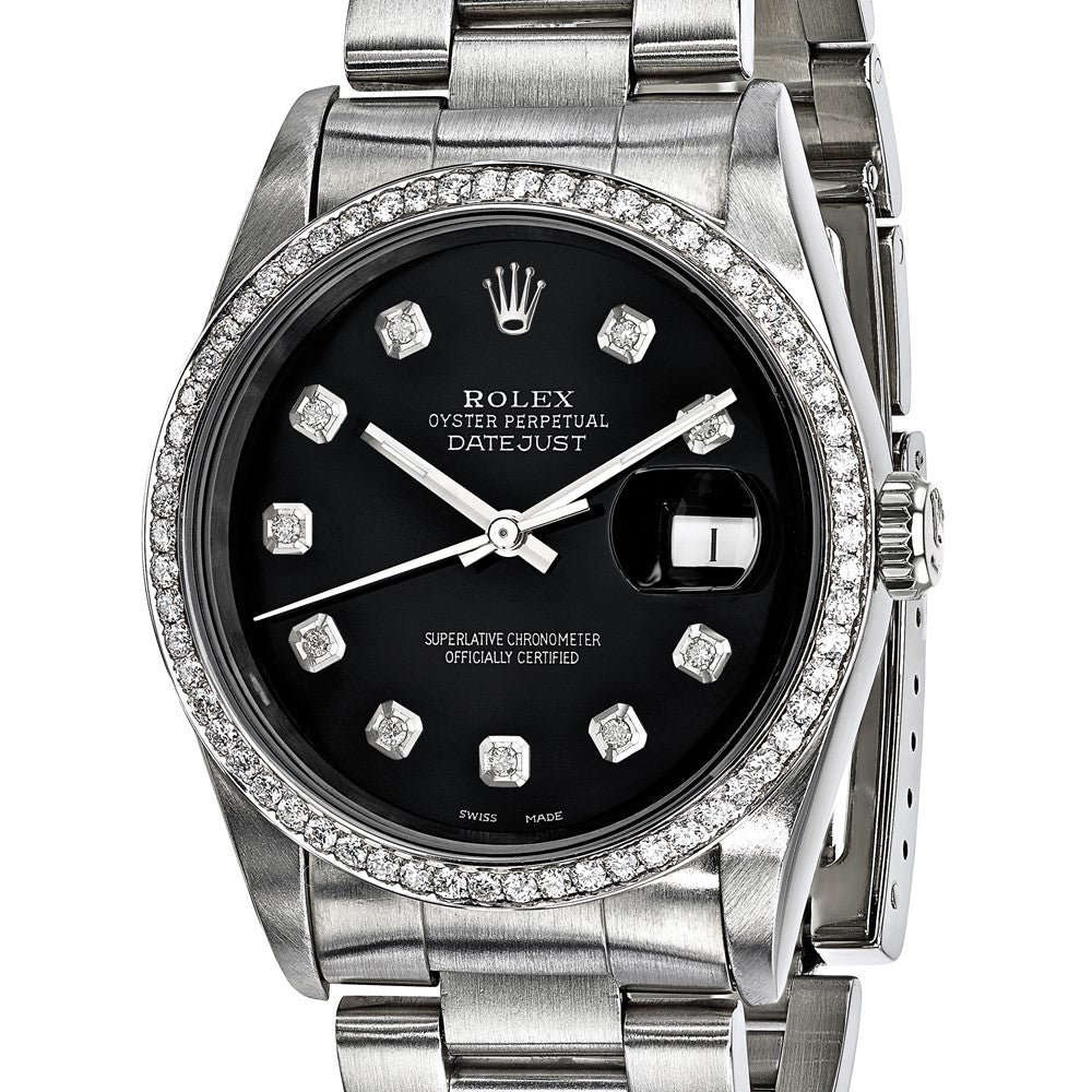 Pre-owned Rolex Independently Certified Men's Stainless Steel Oyster Date just with Black Diamond Dial and Diamond Bezel