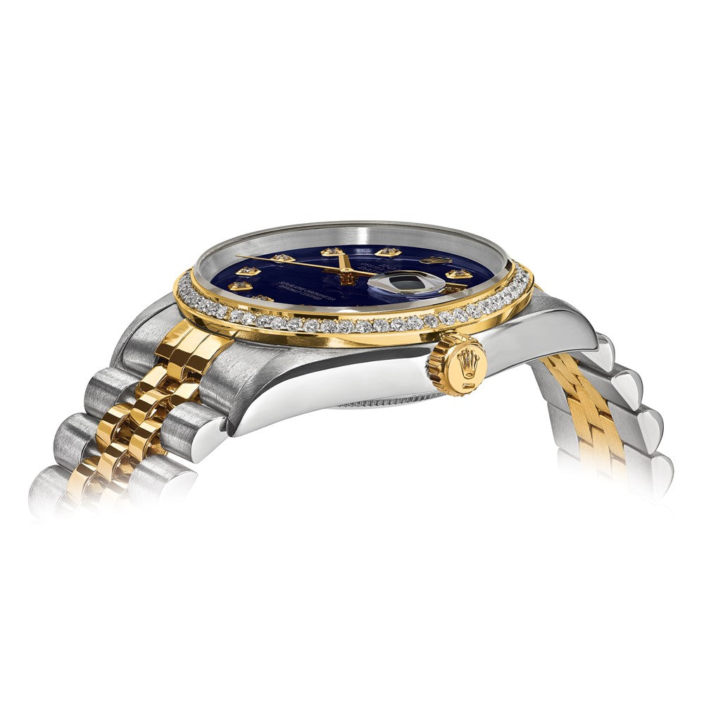 Certified pre-owned Rolex Datejust 36mm blue dial watch, dial close-up view.