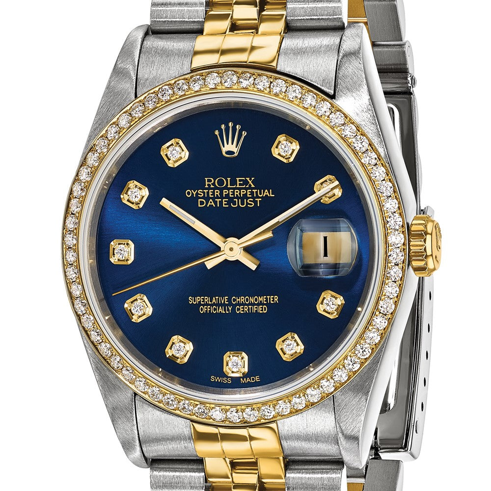 Certified pre-owned Rolex Datejust 36mm blue dial watch, clasp detail view.