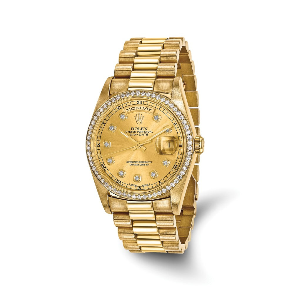Pre-owned Rolex Independently Certified Men's 18K Day-Date President with Champagne Diamond Dial and Diamond Bezel