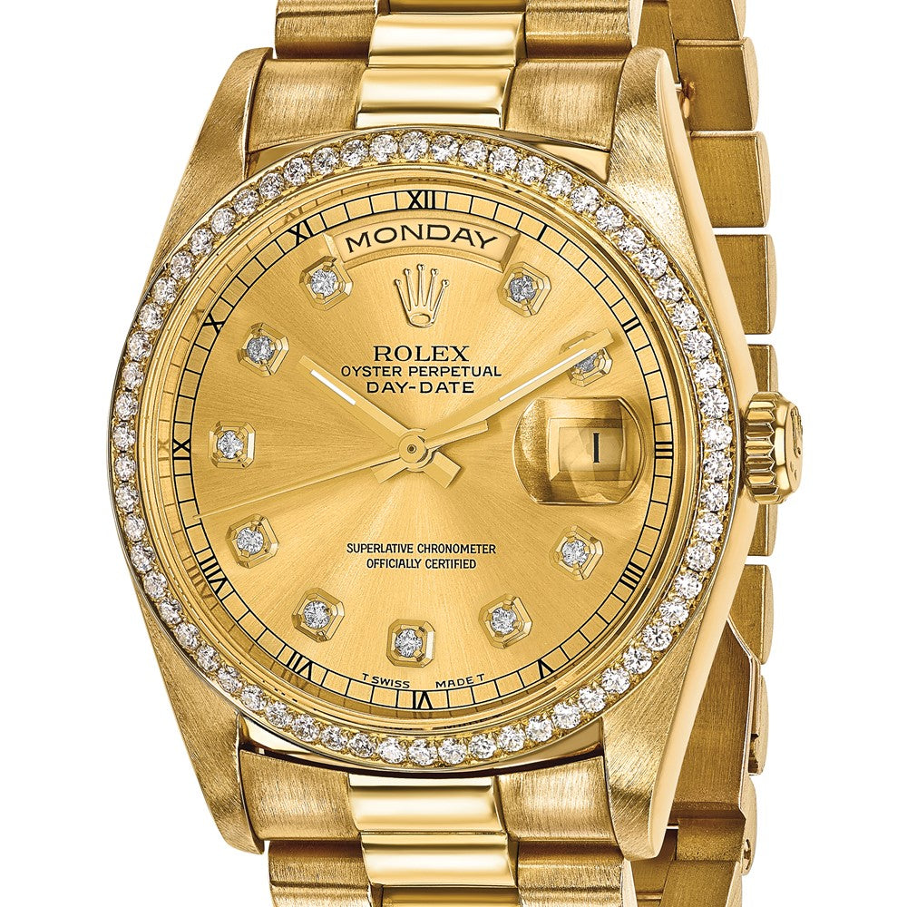 Gold Pre- Owned Rolex watch with diamond-studded dial | Luxury Watch Dial | Pre- Owned Diamond Rolex Watch.