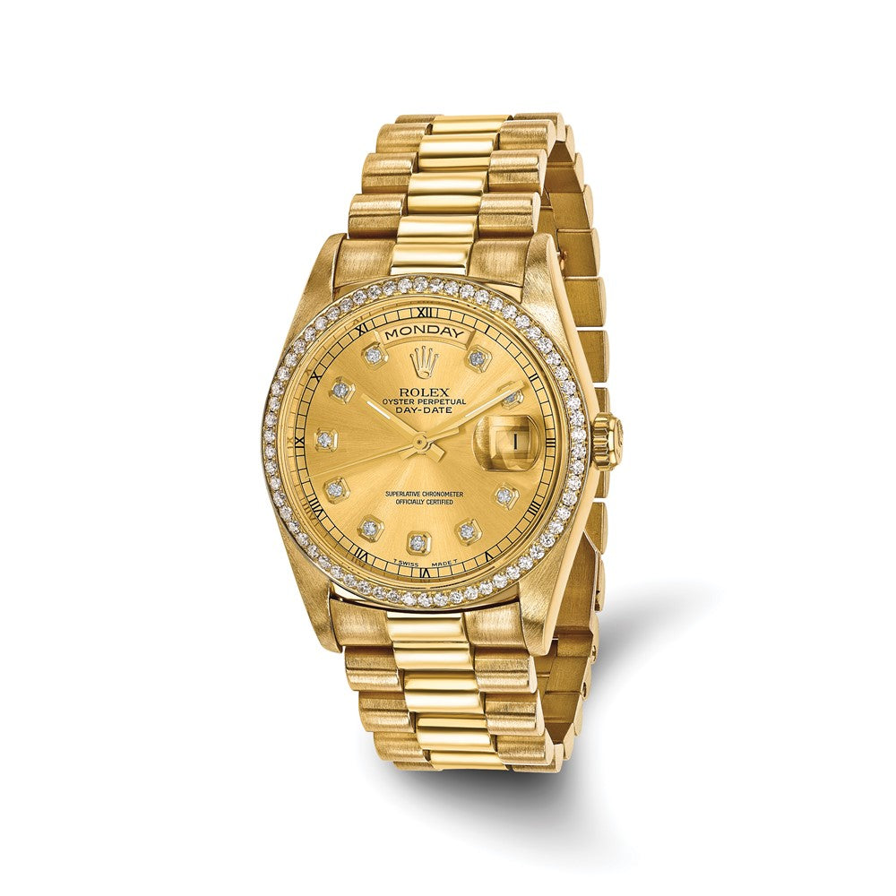 Pre-owned Rolex Independently Certified Men's 18K Day-Date President with Champagne Diamond Dial, Diamond Bezel and Double Quickset