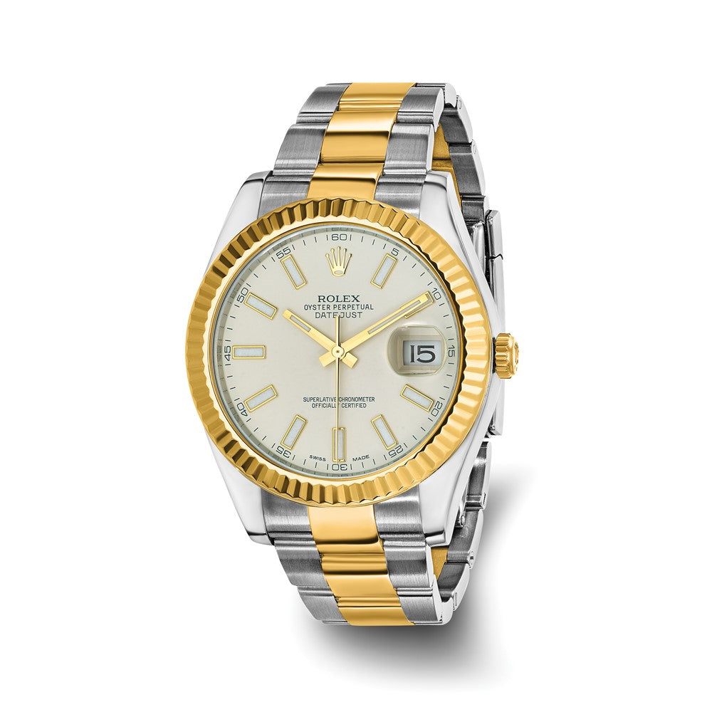 Pre-owned Rolex Independently Certified Men's 41mm Two-tone Oyster Date just II with Silver Dial and 18K Fluted Bezel