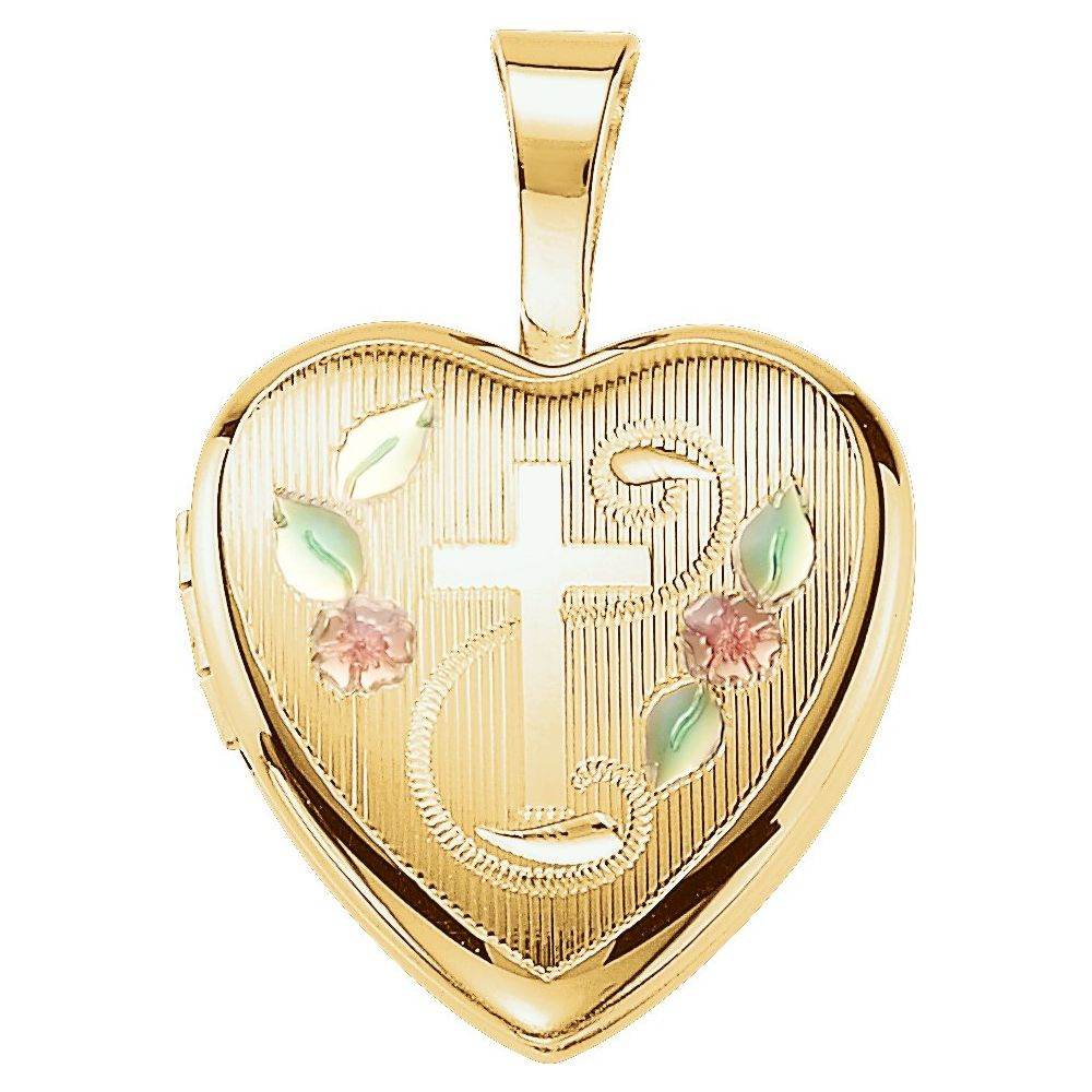 14kt Gold Plated Sterling Silver Enamel Cross Heart Locket - Picasso Gold & Diamond Jewelry