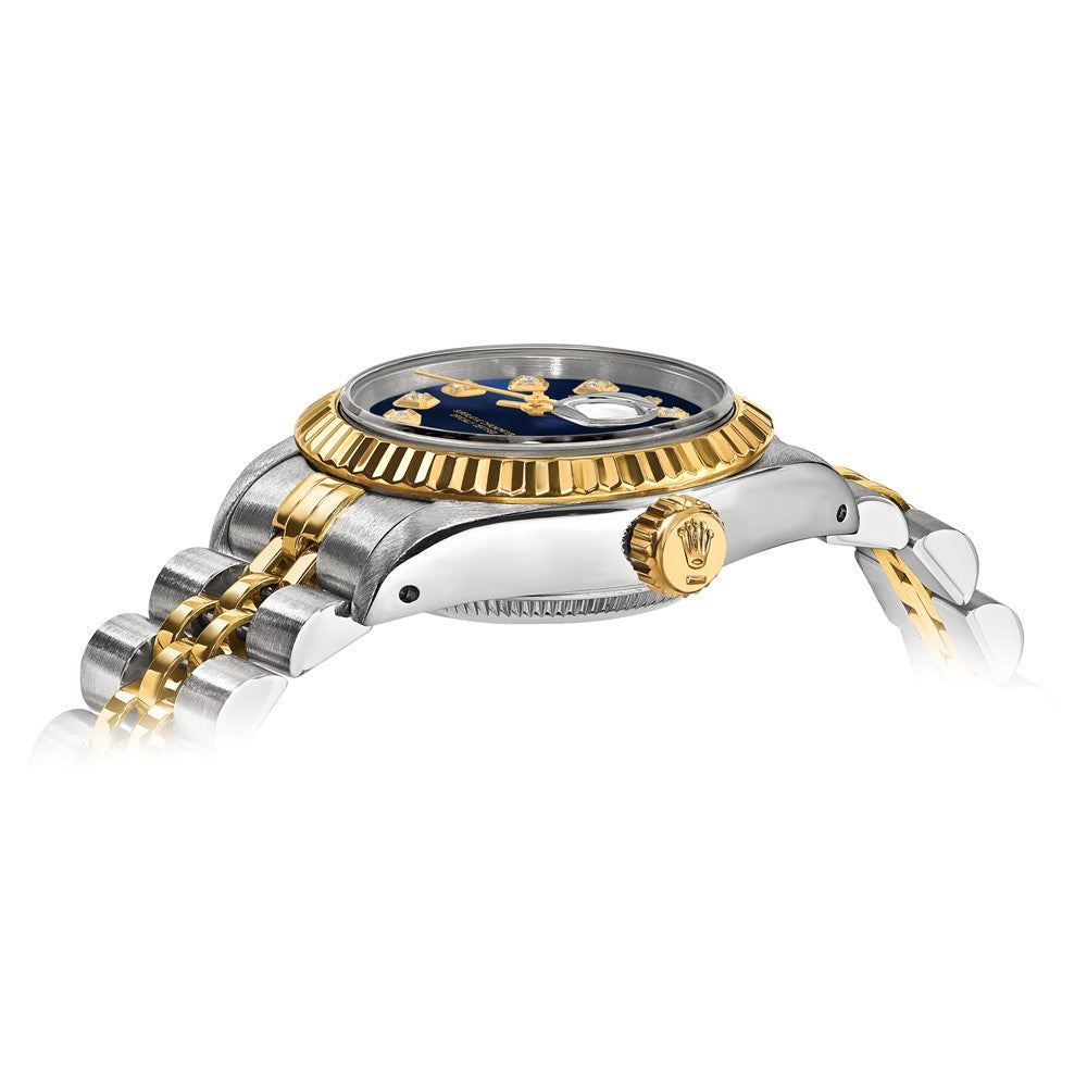 Certified pre-owned Rolex Datejust 26mm blue dial watch, dial close-up view.