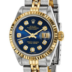 Certified pre-owned Rolex Datejust 26mm blue dial watch, clasp detail view.