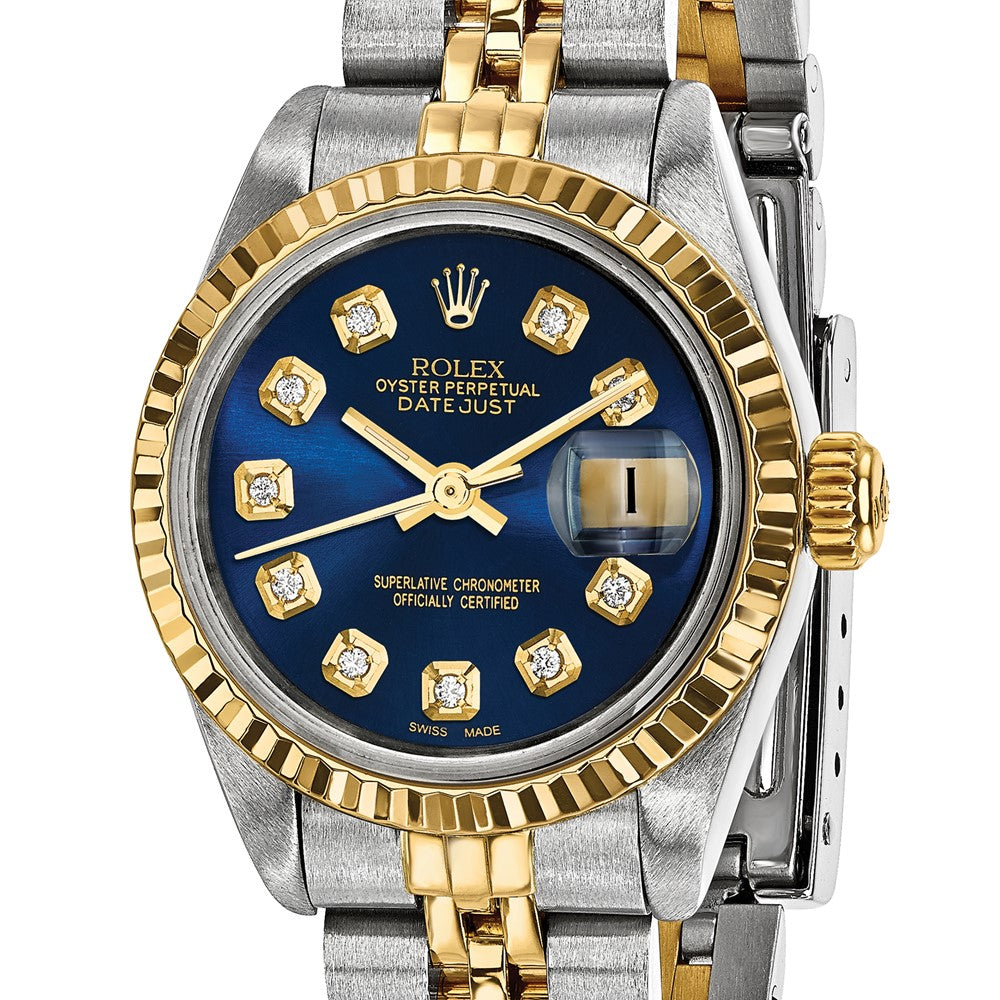 Certified pre-owned Rolex Datejust 26mm blue dial watch, caseback view.