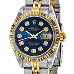 Certified pre-owned Rolex Datejust 26mm blue dial watch, caseback view.