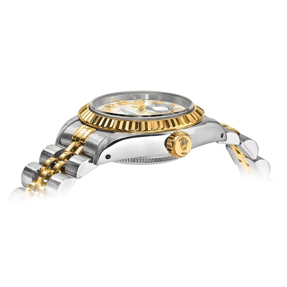 Certified pre-owned Rolex Datejust 26mm mother of pearl dial watch, dial close-up view.