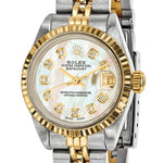 Certified pre-owned Rolex Datejust 26mm mother of pearl dial watch, caseback view.