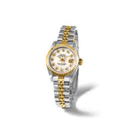 Certified pre-owned Rolex Datejust 26mm mother of pearl dial watch, bezel detail view.
