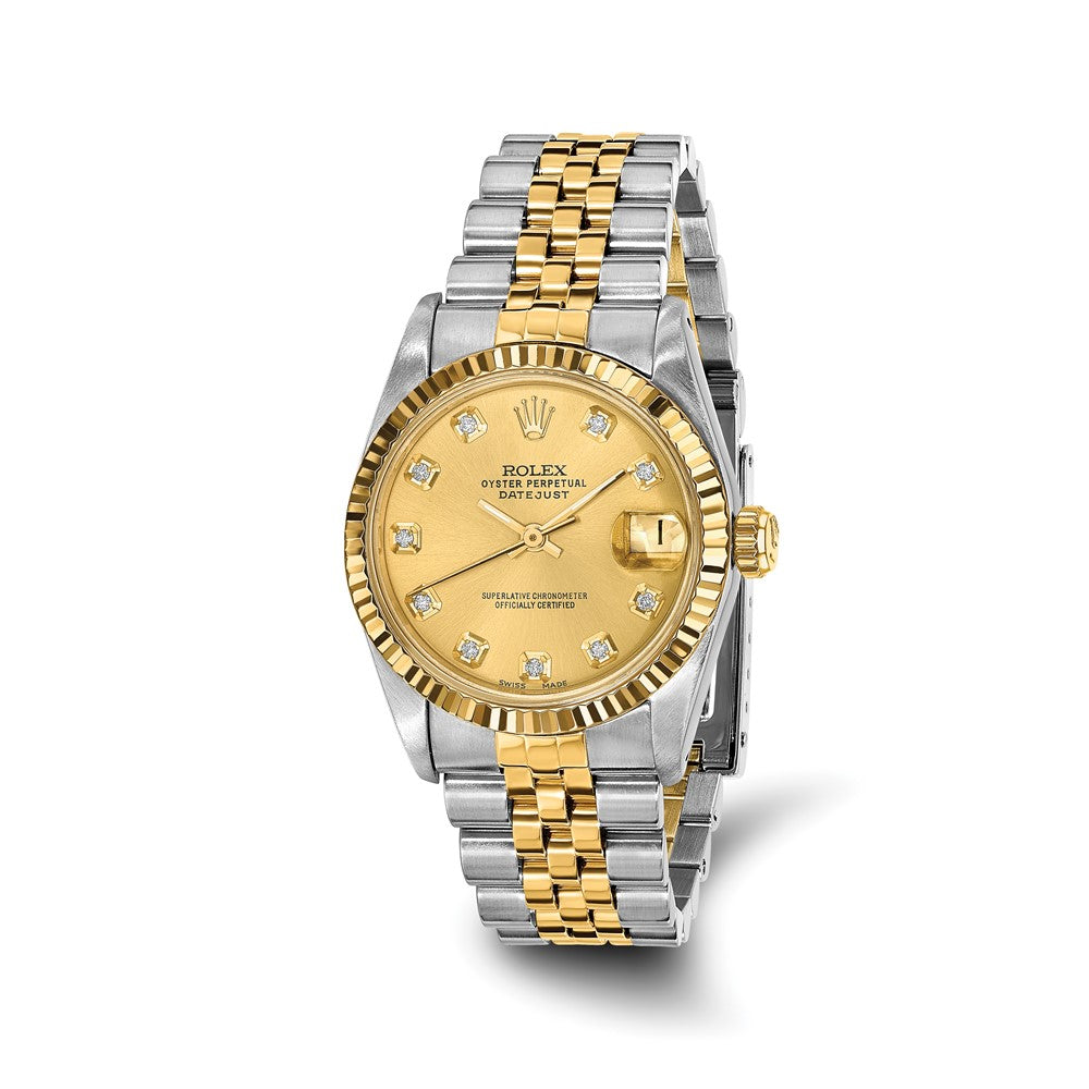 Pre-owned Rolex Independently Certified Mid-Sized Two-tone Date just Jubilee with Champagne Diamond Dial and 18K Fluted Bezel