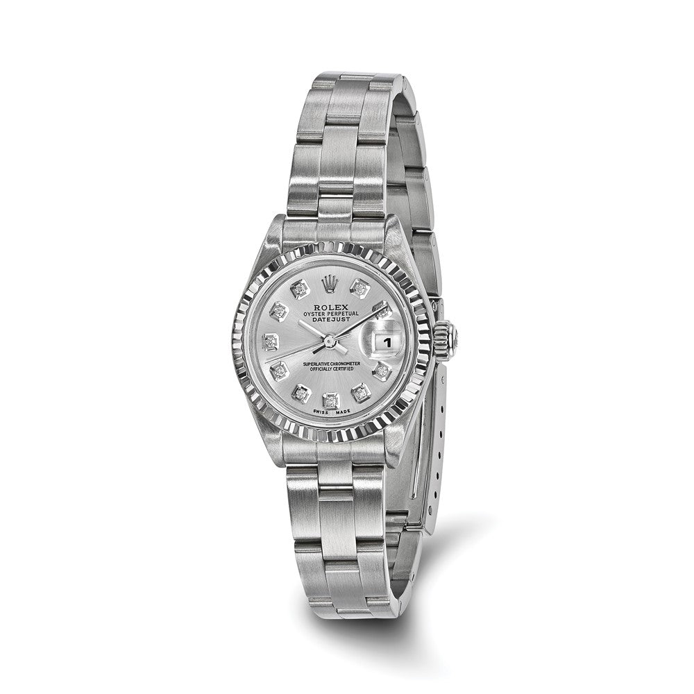 Pre-owned Rolex Independently Certified Women's Stainless Steel Oyster Date just with Silver Diamond Dial and 18K Fluted Bezel