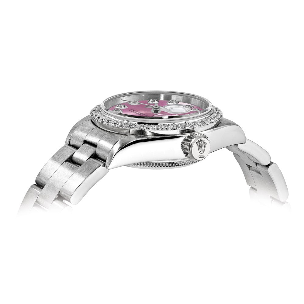 Certified pre-owned Rolex Datejust 26mm pink dial watch, dial close-up view.