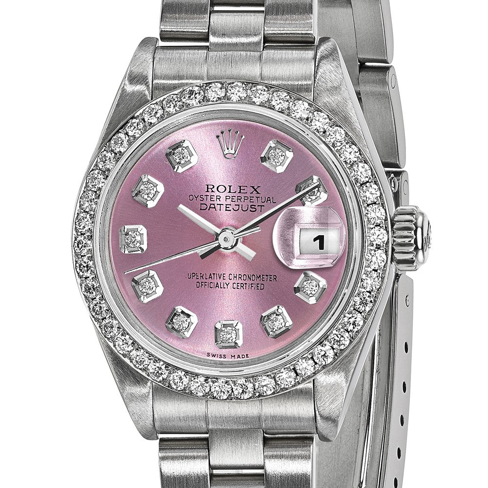 Certified pre-owned Rolex Datejust 26mm pink dial watch, clasp detail view.