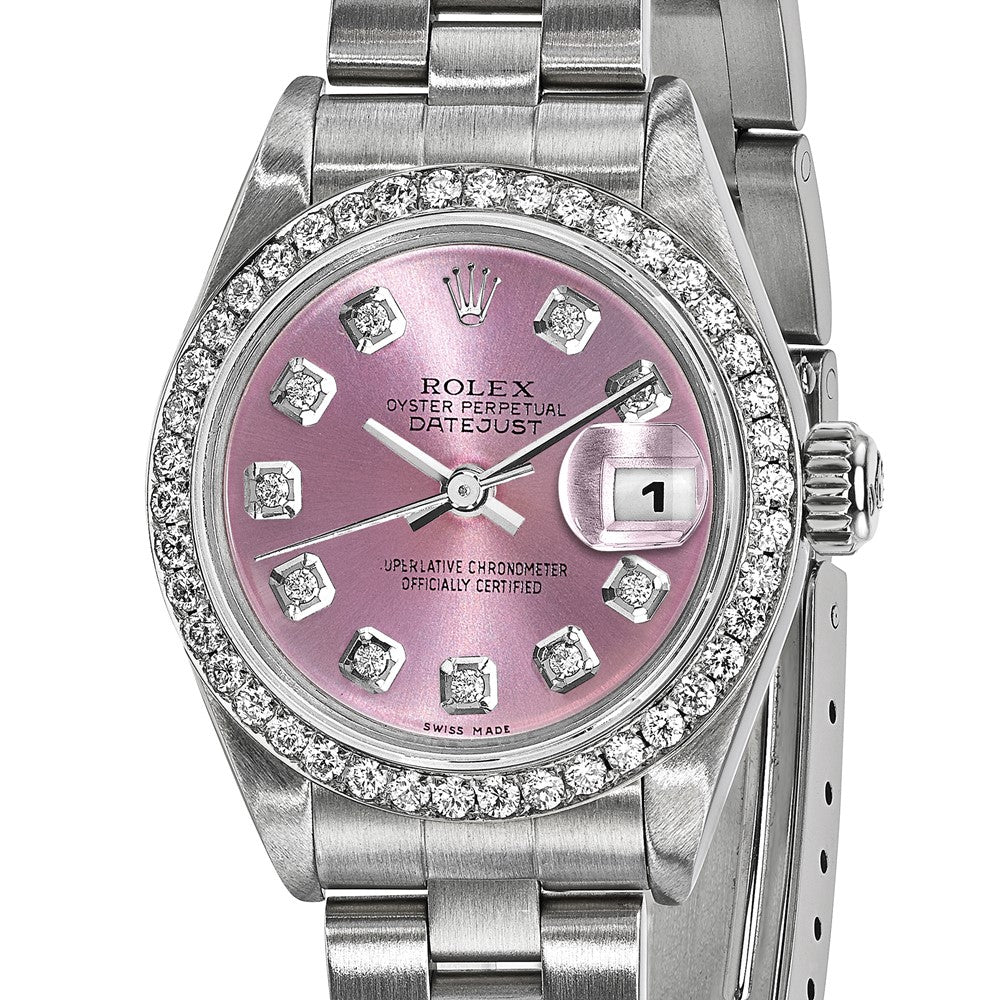 Certified pre-owned Rolex Datejust 26mm pink dial watch, caseback view.